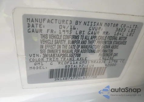 2016 Nissan Sentra Fe+ S/S/Sl/Sr/Sv из США, поврежденный, VIN 3N1AB7AP2GL657708